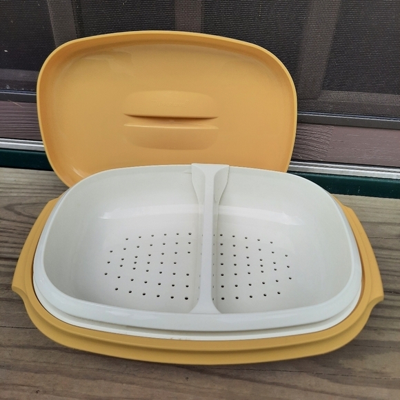 Vintage Tupperware Microwave Vegetable Steamer Harvest Gold 4 piece set 1273-7 - Picture 9 of 15